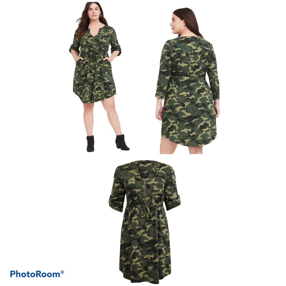 TORRID CAMO CHALLIS ZIP FRONT SHIRT DRESS